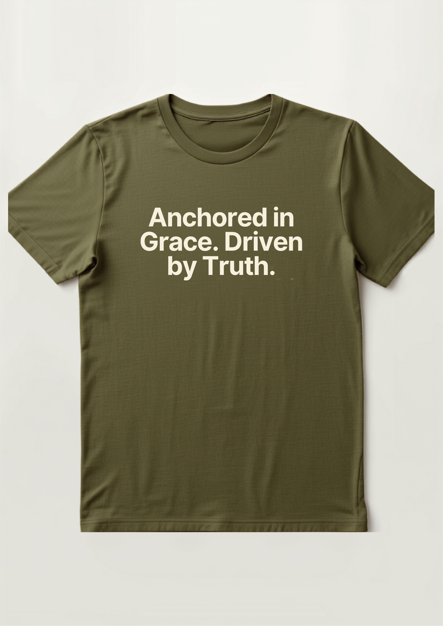 Anchored in Grace Tee - Olive with cream text