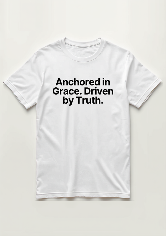 Anchored in Grace Tee - Cream with black text