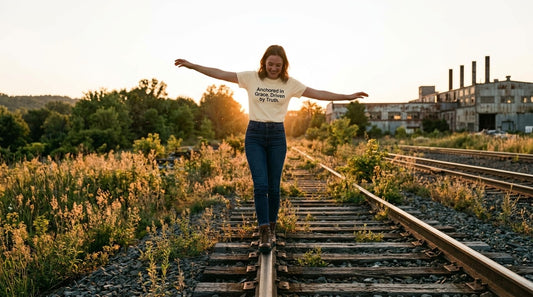 Anchored in Grace Tee in cream, worn walking a railway line at sunset with arms outstretched for balance