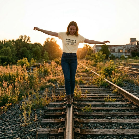 Anchored in Grace Tee in cream, worn walking a railway line at sunset with arms outstretched for balance, reading Anchored in Grace. Led by Truth.